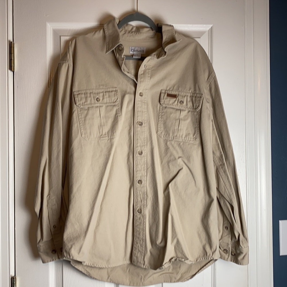 Carhartt heavy knit button front tan shirt